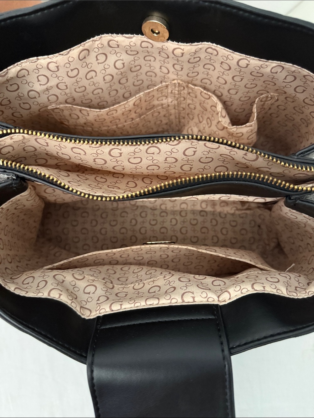 GUESS Gray Monogram Satchel with Black Handles and Gold Accents - Picture 3 of 4